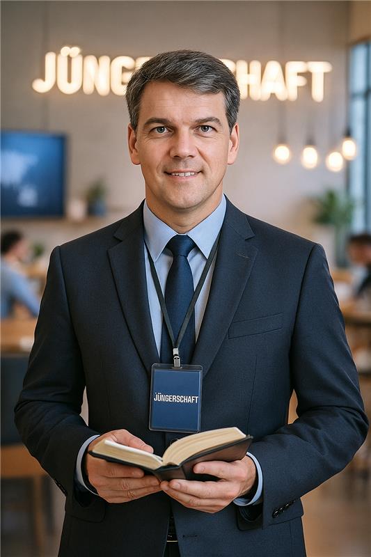 Pastor Christian im Anzug hält ein geöffnetes Buch und lächelt freundlich in die Kamera. Er trägt ein Namensschild mit der Aufschrift „Jüngerschaft“. Im Hintergrund ist ein modernes Schulungsumfeld mit warmem Licht und Personen zu sehen