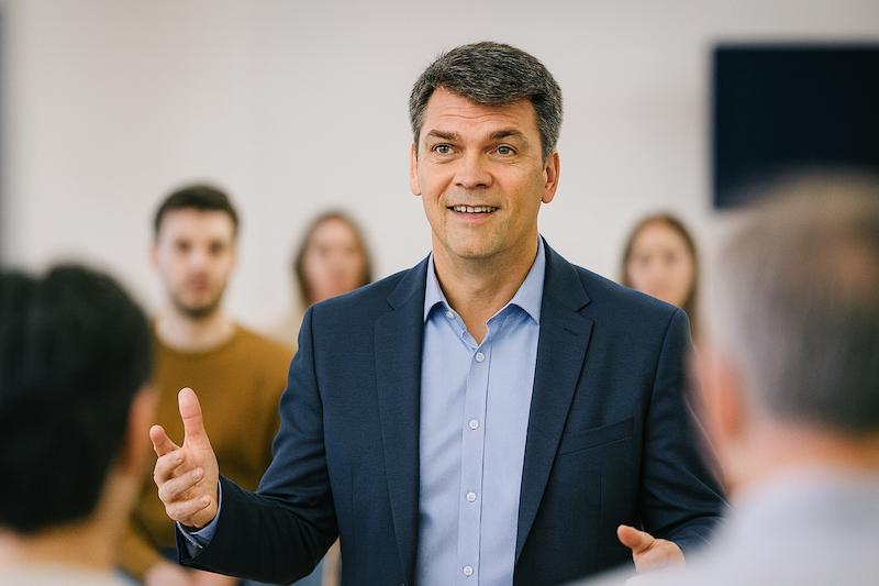 Pastor Christian im blauen Anzug kommuniziert lebhaft mit einer Gruppe von Erwachsenen in einer hellen, modernen Umgebung.